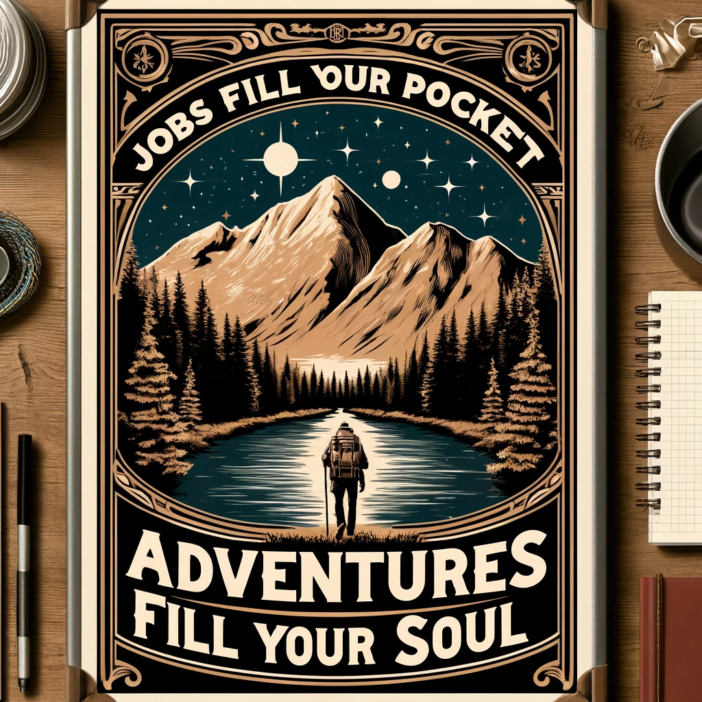 Inspirational adventure poster with a quote by Jamie Lyn Beatty, depicting a lone traveler overlooking a mountainous landscape, emphasizing the soul-filling power of adventures over the material gains from jobs.