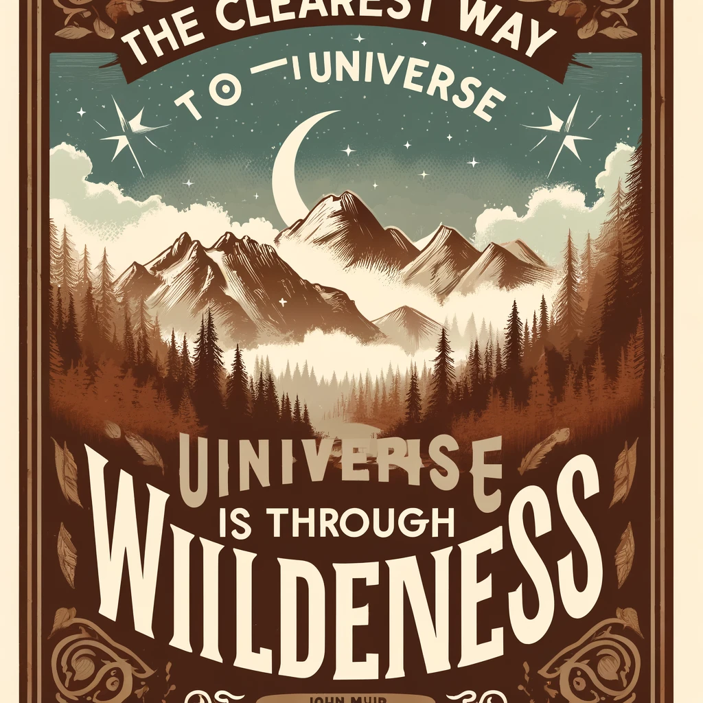 Inspirational poster with John Muir quote 'The clearest way into the Universe is through a forest wilderness,' set against a backdrop of a lush forest and mountains during golden hour.