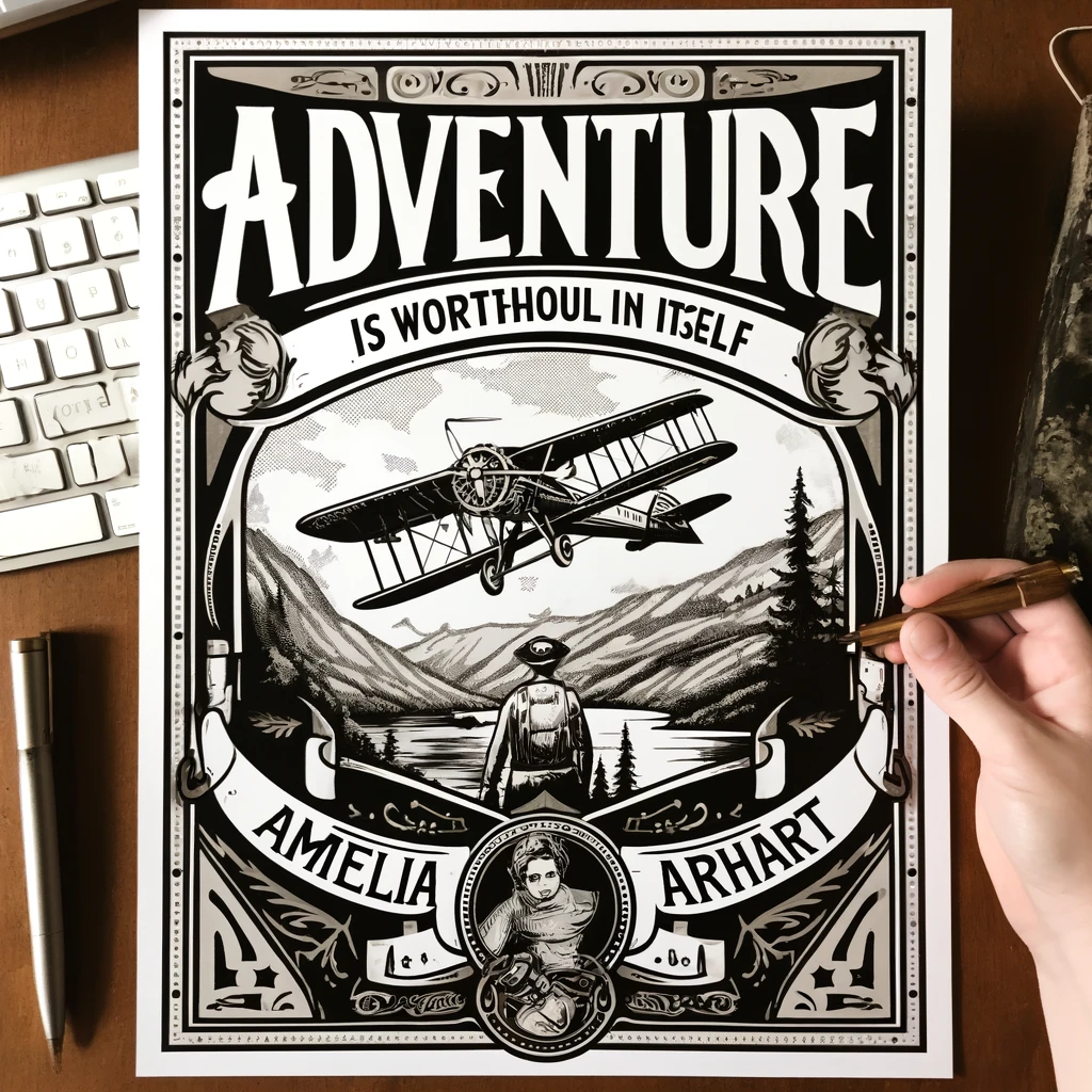 Amelia Earhart quote on adventure illustrated on a decorative tin, showcasing a vintage airplane and emphasizing the intrinsic value of adventure.