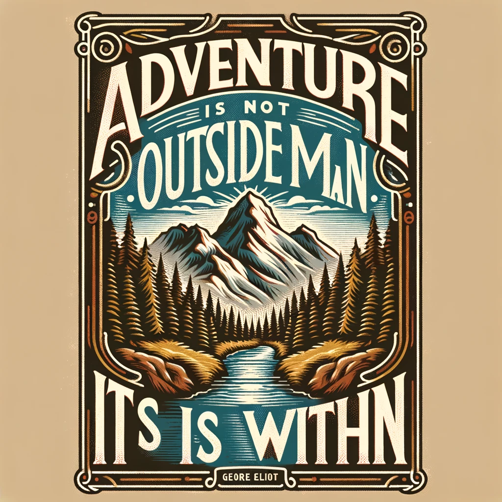 Inspirational quote by George Eliot, 'Adventure is not outside man; it is within,' superimposed on a breathtaking landscape with towering mountains and a misty forest path, symbolizing the personal journey of discovery.