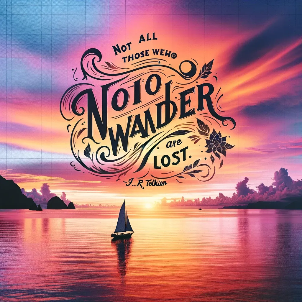 Famous J.R.R. Tolkien quote 'Not all those who wander are lost' against a vibrant sunset over calm waters, embodying the spirit of wanderlust and adventure.