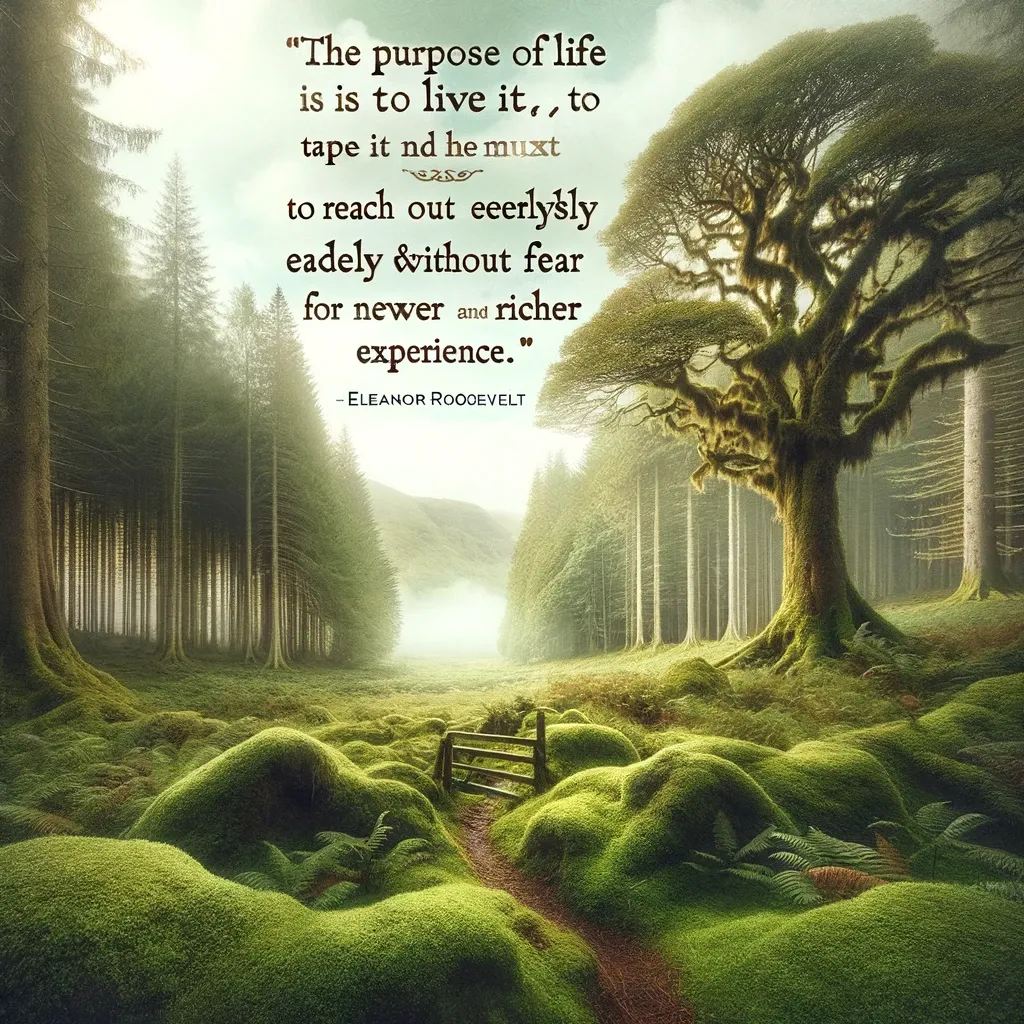 Eleanor Roosevelt quote on a lush forest background, 'The purpose of life is to live it, to taste experience to the utmost, to reach out eagerly and without fear for newer and richer experience.'
