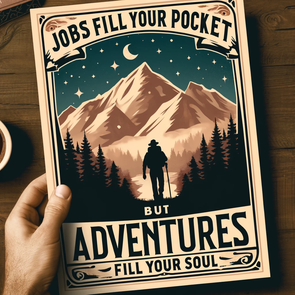 Vintage-inspired adventure quote poster with bold typography stating 'Jobs fill your pocket, adventures fill your soul,' by Jamie Lyn Beatty, advocating for the enriching experiences of adventure over material wealth.