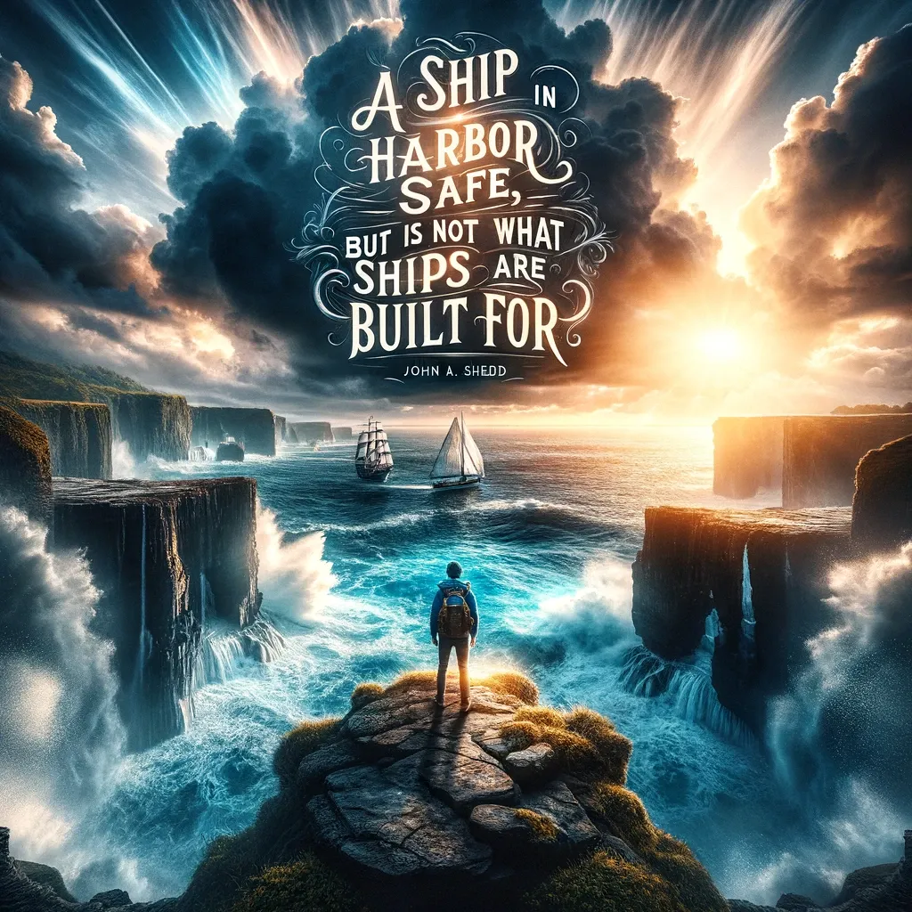 John A. Shedd's quote 'A ship in harbor is safe, but that is not what ships are built for' against a surreal seascape with towering waterfalls and ships setting sail, inspiring bravery and exploration.