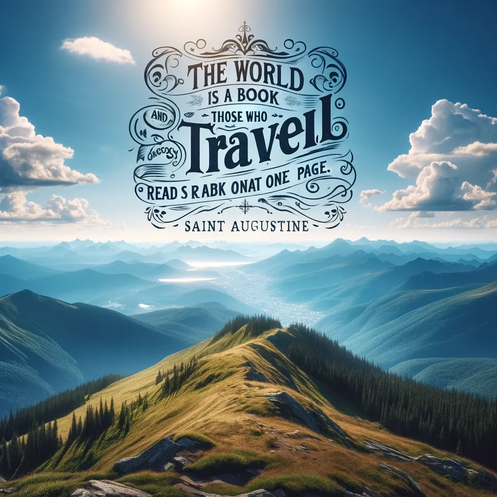 Saint Augustine's quote 'The world is a book and those who do not travel read only one page' over an expansive mountain range, evoking the expansive knowledge gained through travel.