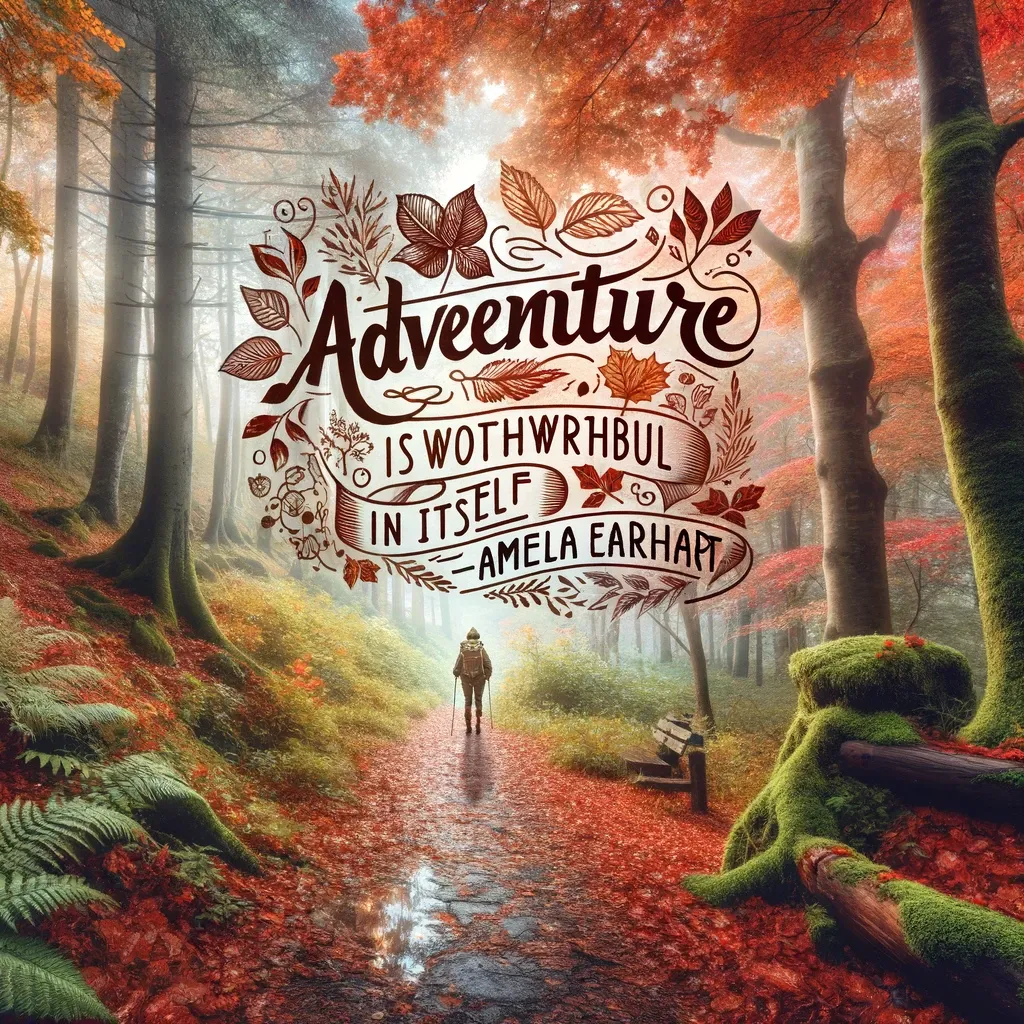Amelia Earhart's quote 'Adventure is worthwhile in itself' set against a forest in autumn, symbolizing the beauty and worth of explorations big and small.