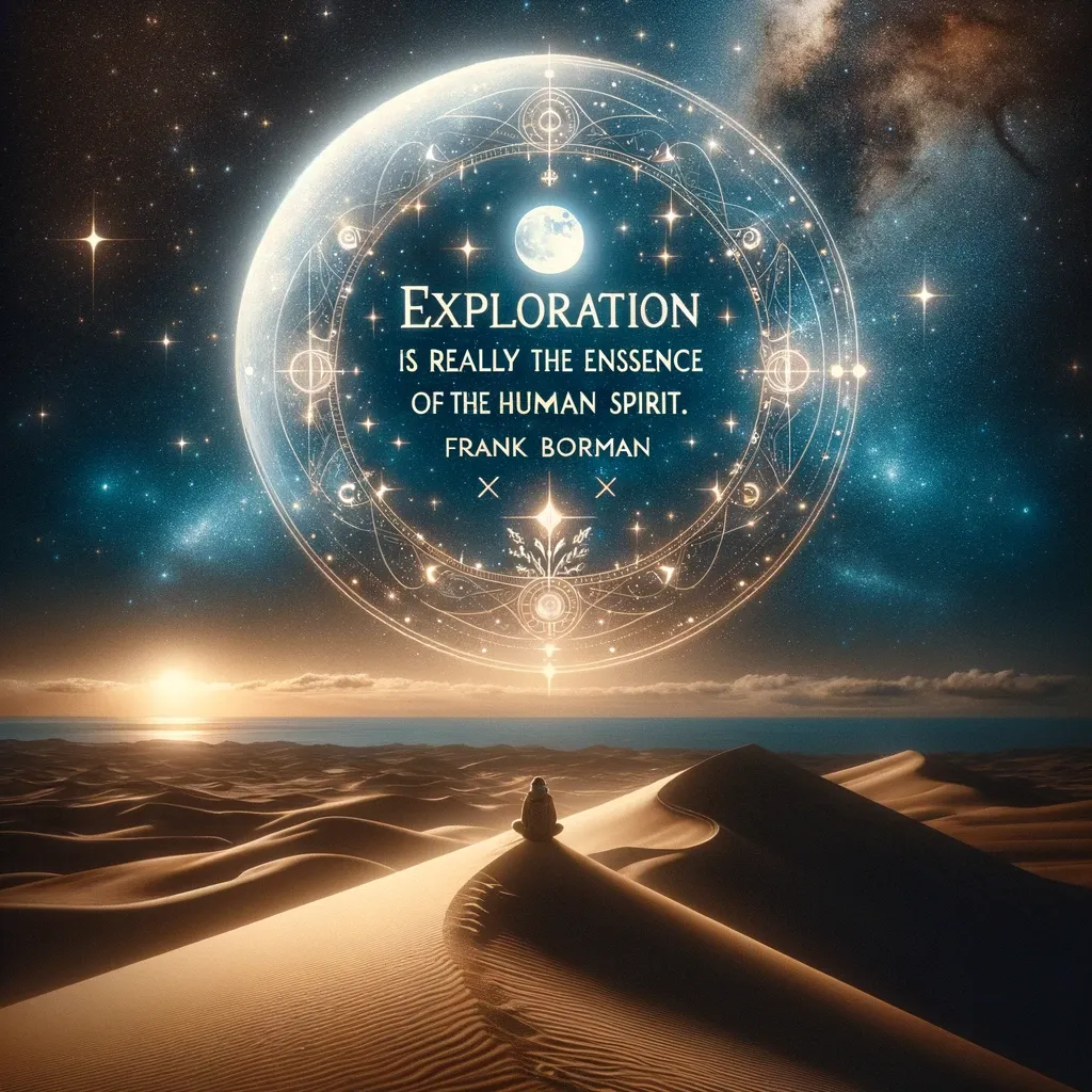 Frank Borman's quote on exploration set against a cosmic backdrop with a starry sky and desert dunes, reflecting the boundless curiosity of the human spirit.
