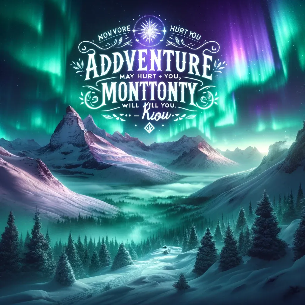 A breathtaking northern lights display over a snow-covered mountain landscape, with a profound quote on adventure and monotony by an unknown author.