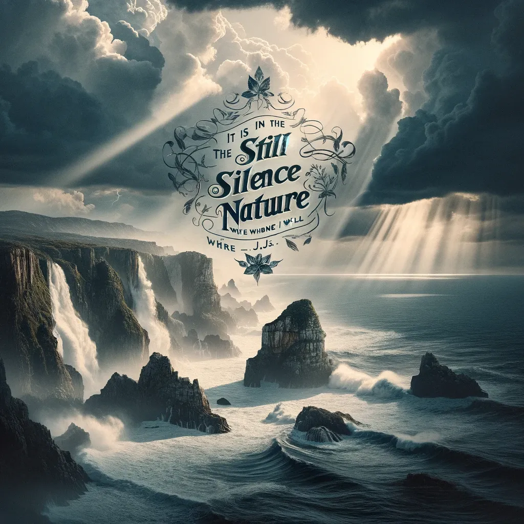Majestic cliffs under stormy skies with sunbeams piercing through clouds, encapsulating the profound stillness of nature, accompanied by the inspiring quote from J.J.S.
