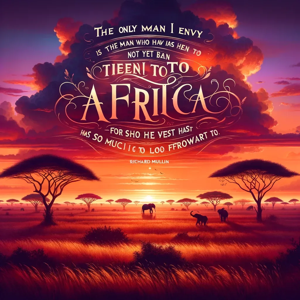 African safari scene at sunset with silhouettes of acacia trees and wildlife, encapsulating the quote's sentiment of the unexplored wonders of Africa.