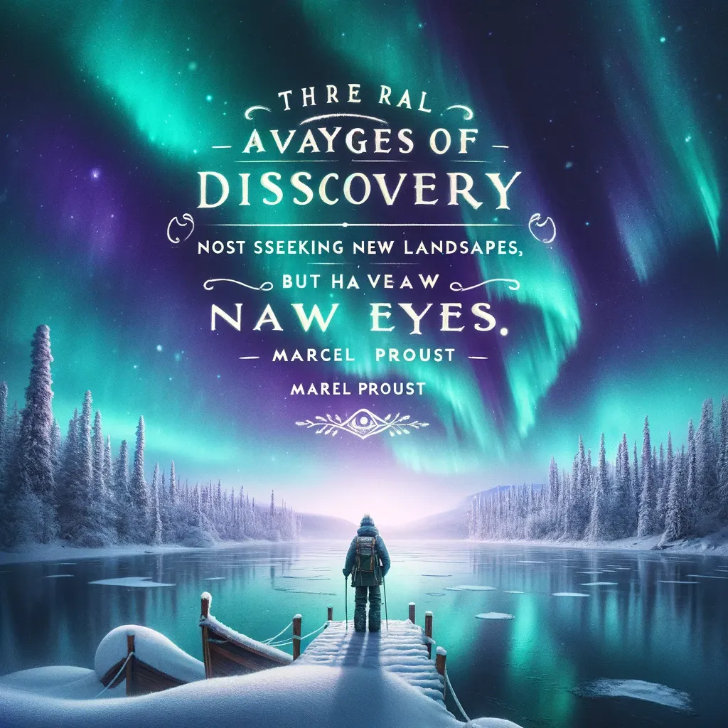 Lone traveler on a snowy bridge under the Northern Lights, symbolizing the quote's message of discovery through new perspectives.