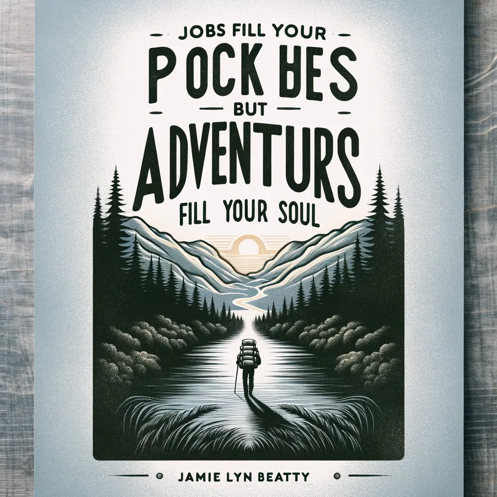 Inspirational quote poster by Jamie Lyn Beatty, 'Jobs fill your pocket, but adventures fill your soul,' depicting a hiker facing a sunlit path through the woods, representing the journey of self-discovery through adventure.