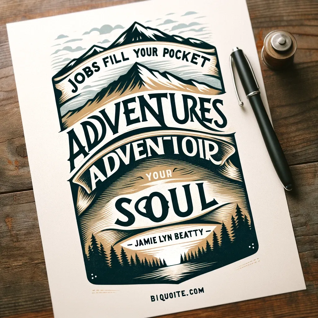 Artistic poster with a bold adventure quote by Jamie Lyn Beatty, 'Adventures fill your soul,' set against a stylized mountain range, evoking the call of the wild and the urge to explore.