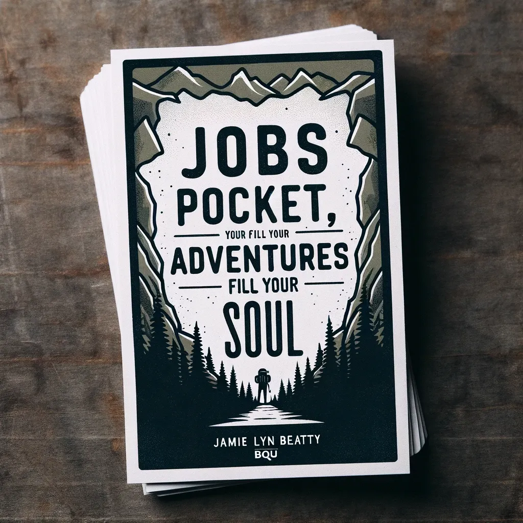 Stack of adventure quote posters by Jamie Lyn Beatty stating 'Jobs fill your pocket, adventures fill your soul', emphasizing the contrast between work and the enriching experiences of adventure.