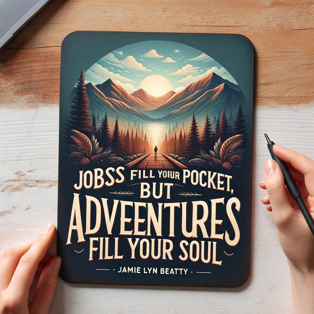 Mouse pad with an inspirational quote by Jamie Lyn Beatty, featuring a scenic mountain path and the message that adventures offer more soulful enrichment than the monetary gains from jobs.