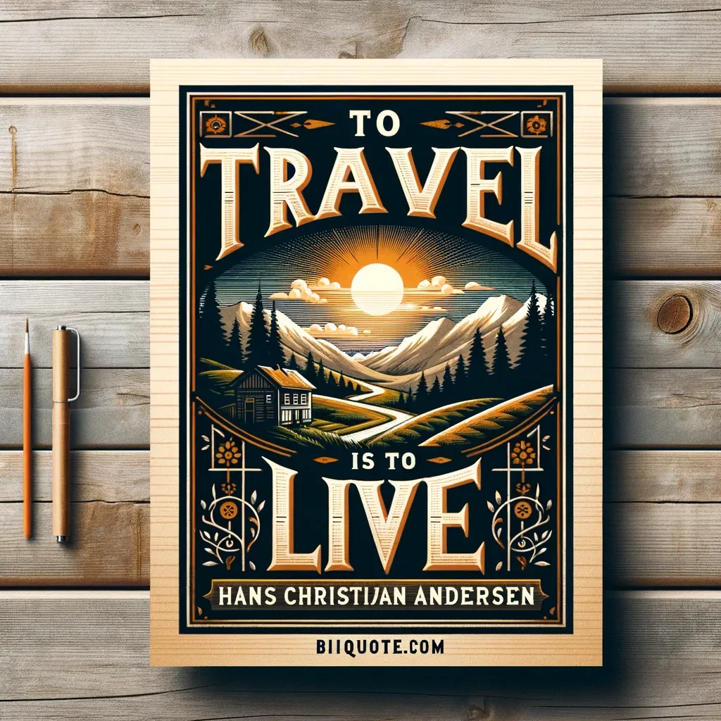 Artistic poster with the quote 'To Travel is to Live' by Hans Christian Andersen, depicting a vibrant sunrise over a mountainous landscape, symbolizing the vitality and joy brought by travel.