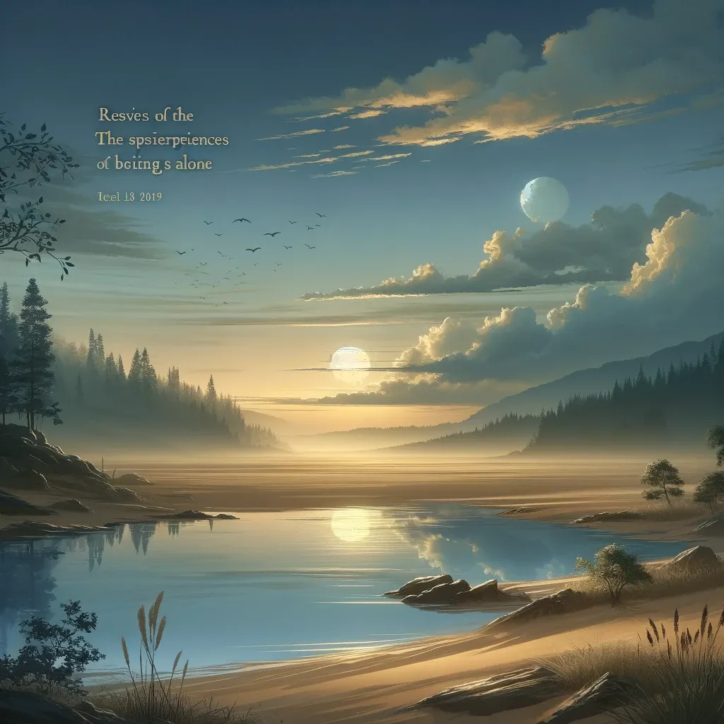 A tranquil dawn over a still lake with the sun and moon visible, representing the serene solitude of nature's balance.
