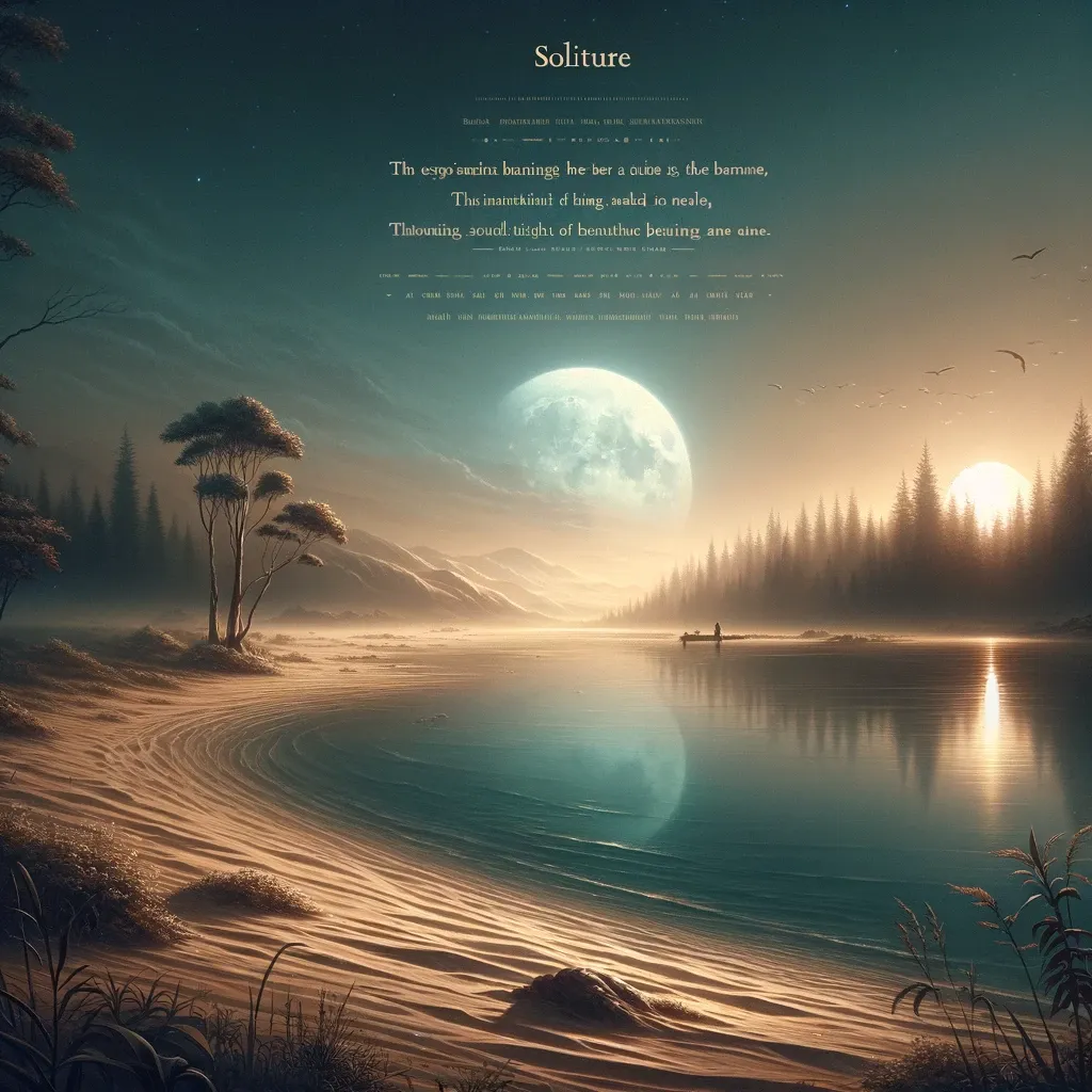 A peaceful lake reflecting the moon and sun in a surreal landscape, embodying the tranquil solitude of nature.