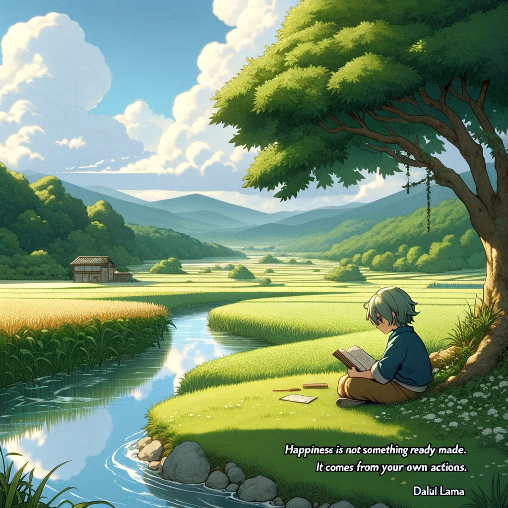 An anime character sitting under a tree by a serene riverside, reading a book against a backdrop of lush green fields and distant mountains, embodying a quote on happiness by Dalai Lama.