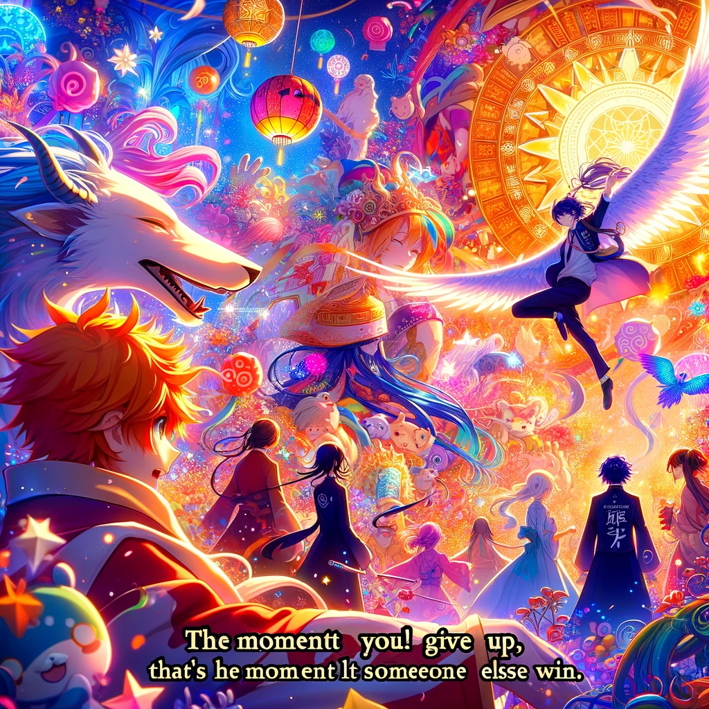 A dynamic anime scene filled with vibrant characters, mythical creatures, and a kaleidoscope of colors, representing a quote about perseverance and determination.