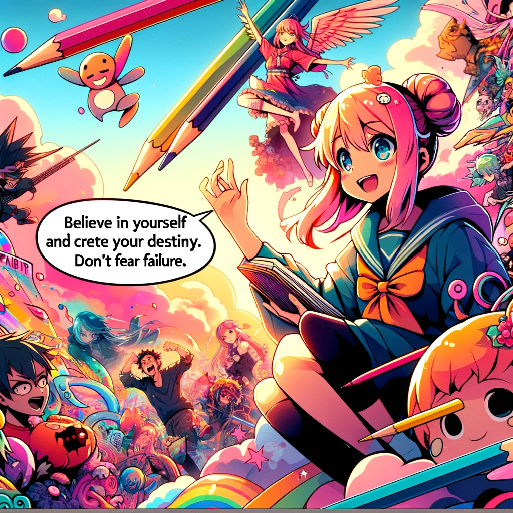 Colorful anime artwork showing a joyful character surrounded by whimsical creatures and fellow characters, all set against a backdrop of creative energy and vibrant hues.