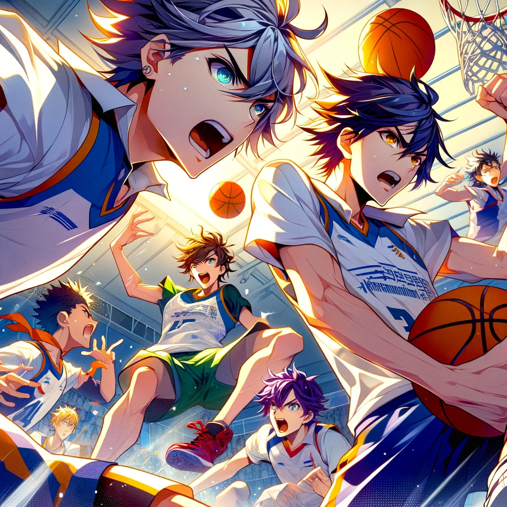 Intense action on the basketball court captured in anime style, with players in mid-motion, showcasing their passion and athleticism.