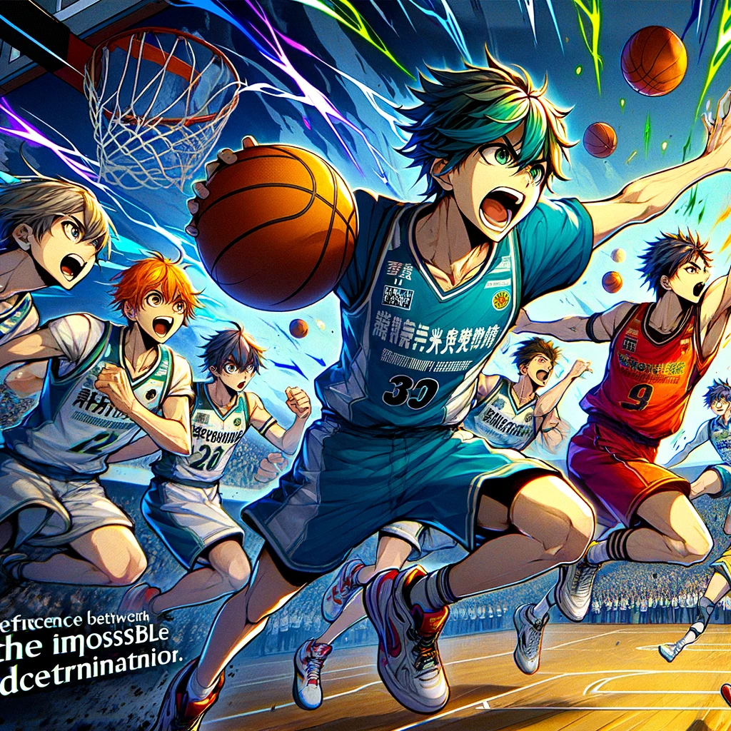 A high-energy anime basketball scene, where a player leaps towards the hoop with fierce determination, encapsulating the spirit of competition and ambition.