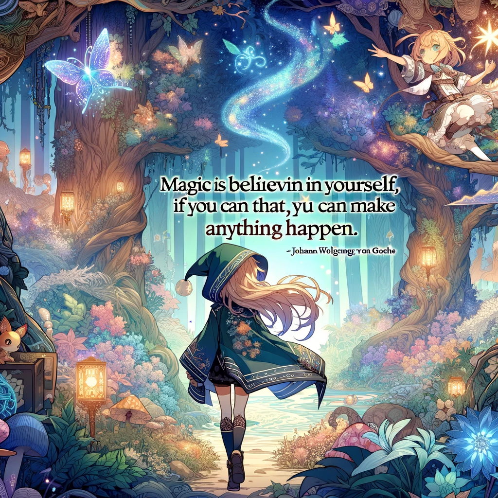 An anime-style enchanting forest scene with a character exuding confidence and mystical energy, embodying the idea that belief in oneself is the truest form of magic.