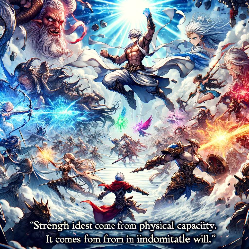 A mythical battle scene in anime style, featuring warriors and creatures clashing with elemental powers, illustrating the concept that true strength arises from willpower.