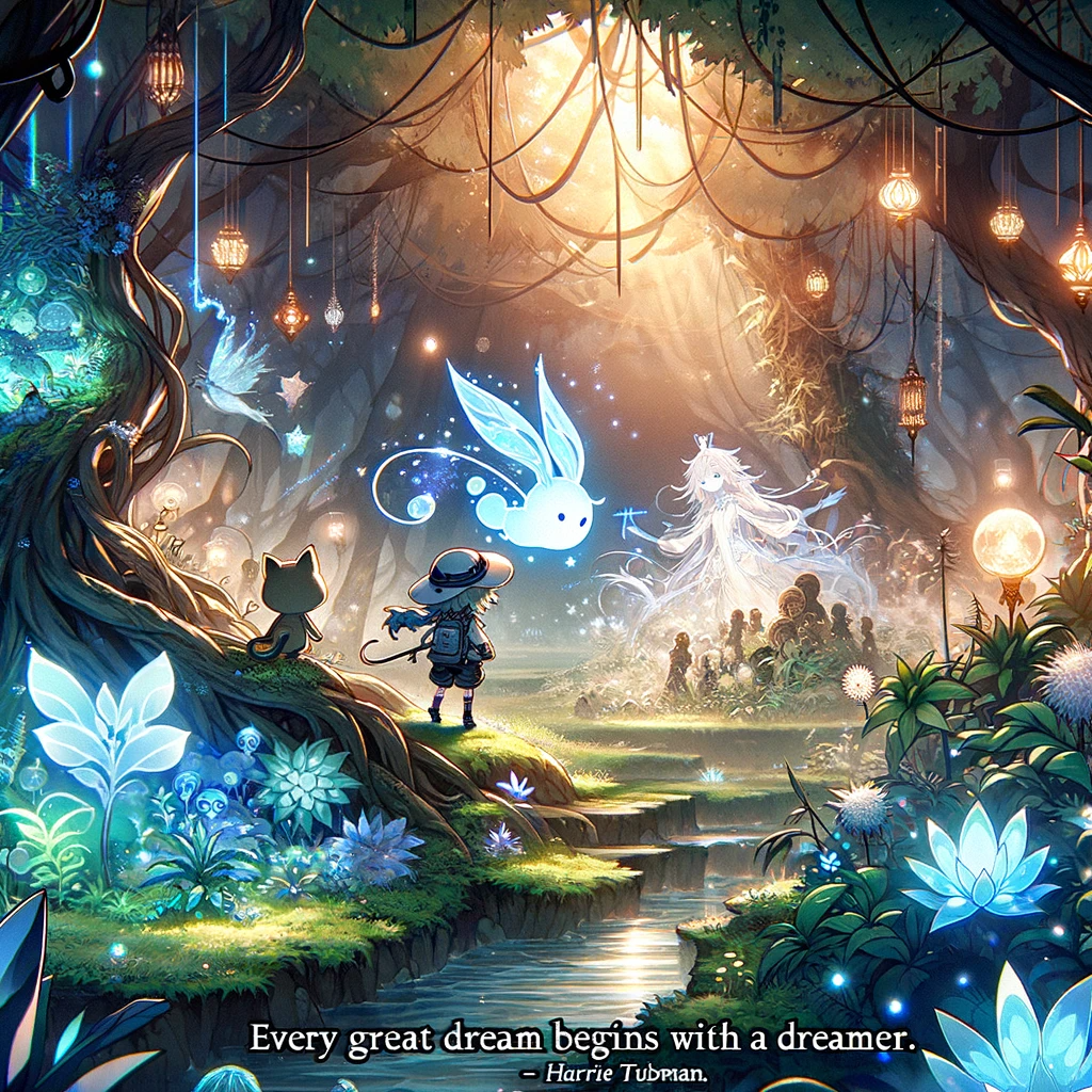 A whimsical anime scene depicting a character in a magical forest with creatures and spirits, illustrating the inspirational message that every great dream begins with a dreamer.