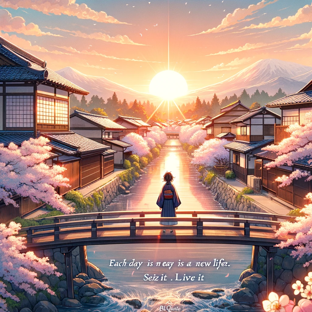 A serene anime scene with a character standing on a bridge, facing a rising sun over a traditional Japanese village adorned with cherry blossoms.