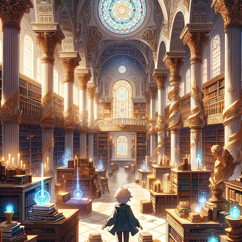 A character stands awestruck in a grand library, with spiraling staircases and books illuminated by mystical orbs, invoking a sense of wonder and the quest for knowledge.