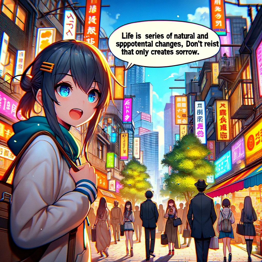 An anime girl with bright eyes looks over her shoulder amidst a bustling cityscape filled with neon signs, illustrating a quote about life's natural and spontaneous changes.