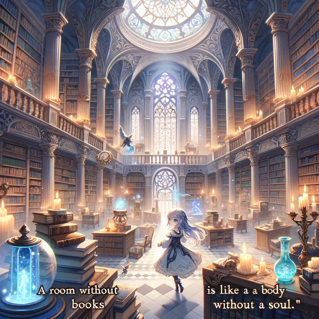 A young anime character wandering through a majestic library filled with towering bookshelves, luminescent orbs, and ethereal light, echoing the sentiment that books are the soul of a room.