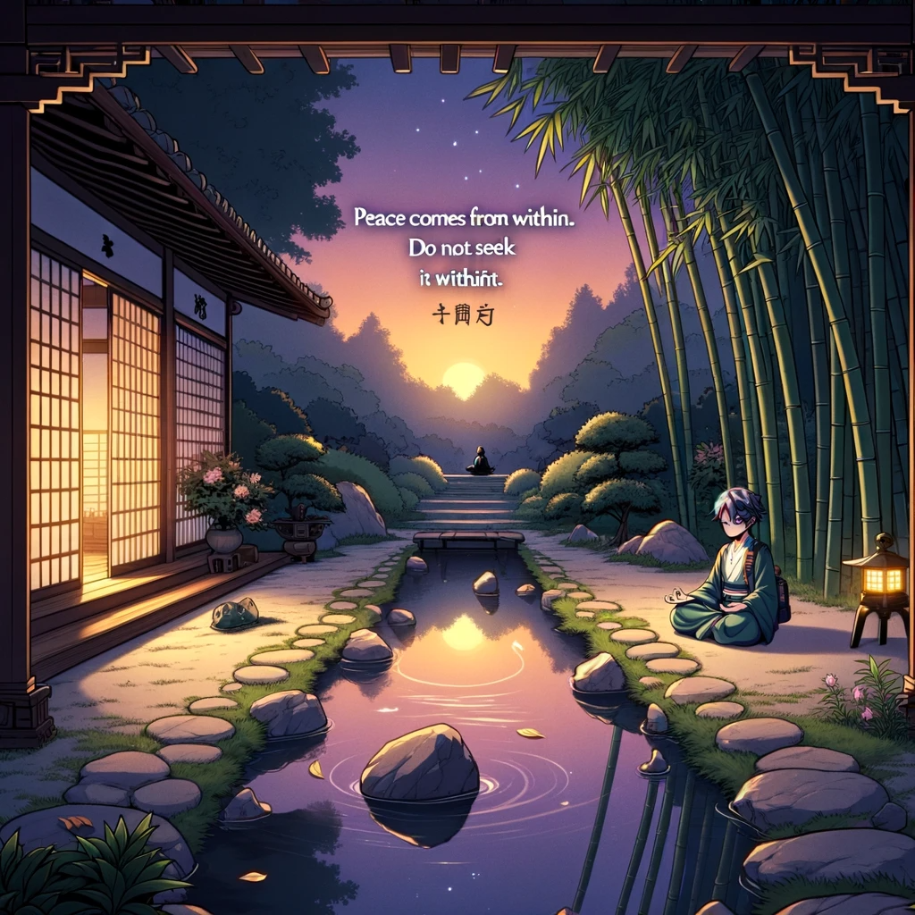 Twilight descends on a tranquil Japanese garden, where a figure meditates by a still pond, reflecting on the search for inner peace.