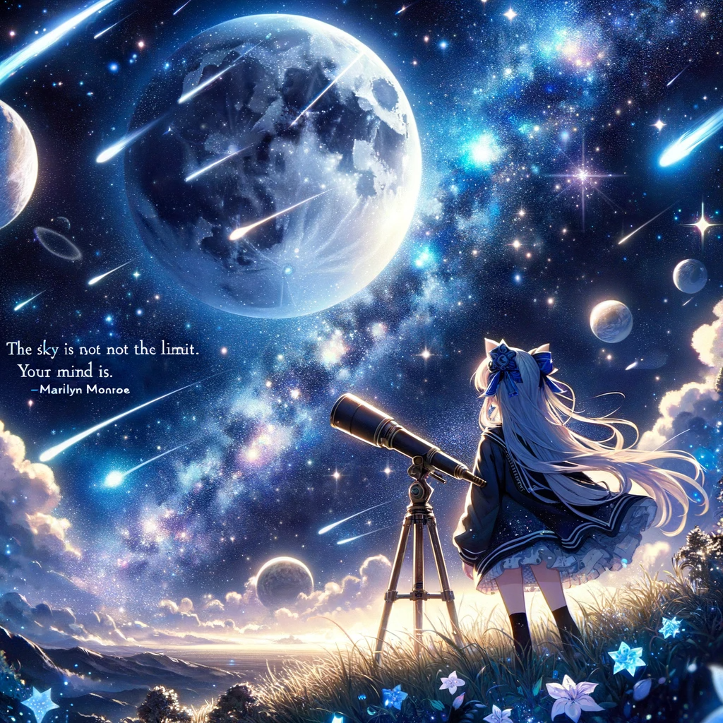 An anime character gazes up at a cosmic expanse with a telescope, under a moonlit sky, symbolizing the limitless potential of the human mind.