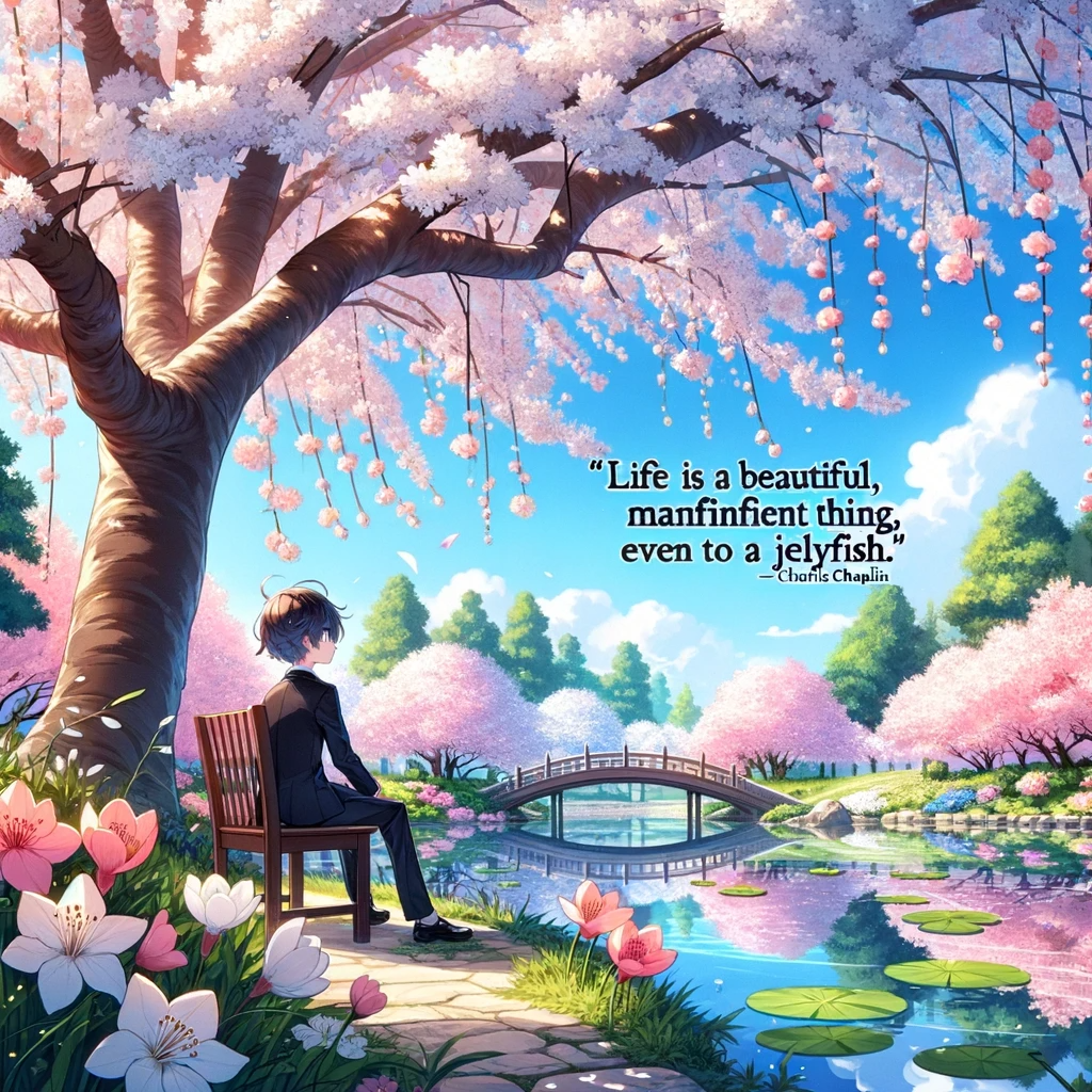 A contemplative anime character sits on a bench under cherry blossoms by a serene pond, reflecting the beauty and tranquility of life.