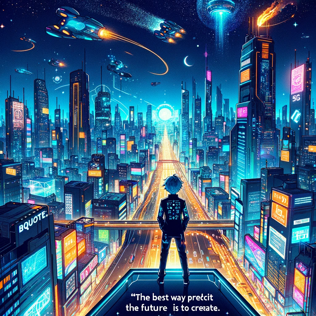 A futuristic cityscape with a character standing at the forefront, looking towards a horizon lined with neon-lit skyscrapers and flying vehicles, embodying a quote about creating the future.