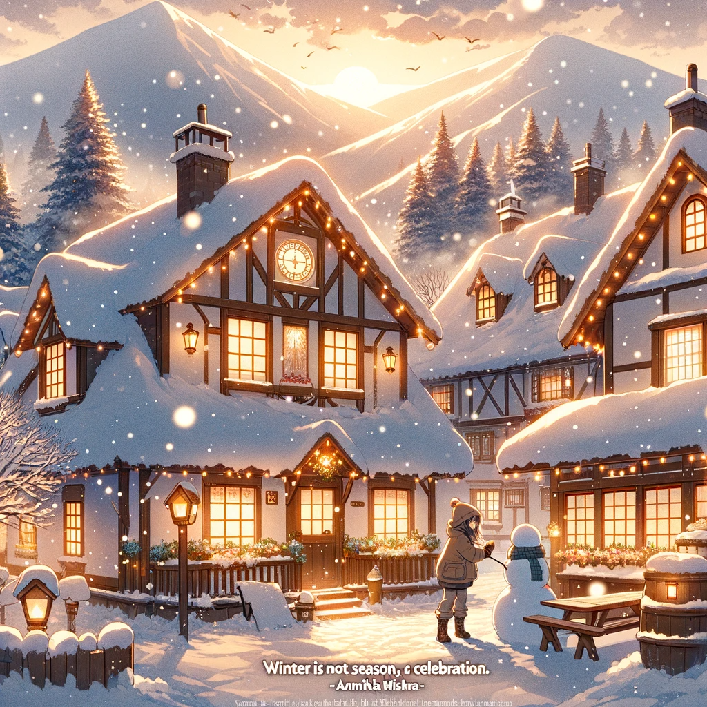 An anime-inspired snowy village scene at dusk, with cozy cottages and a figure building a snowman, capturing the essence of winter as a time for joy and festivity.