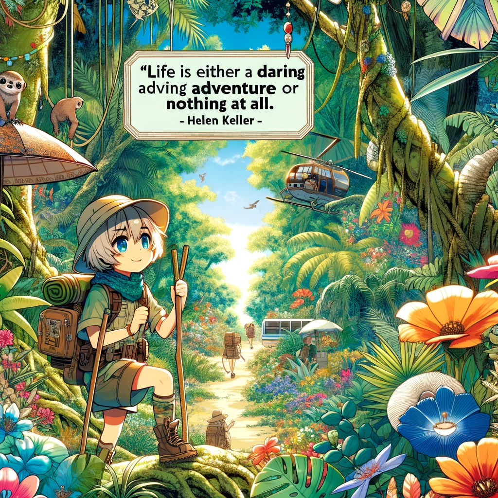 A young anime explorer stands at the threshold of a vibrant jungle, ready for adventure, surrounded by exotic flora and fauna, inspired by the quote about life being a daring adventure.