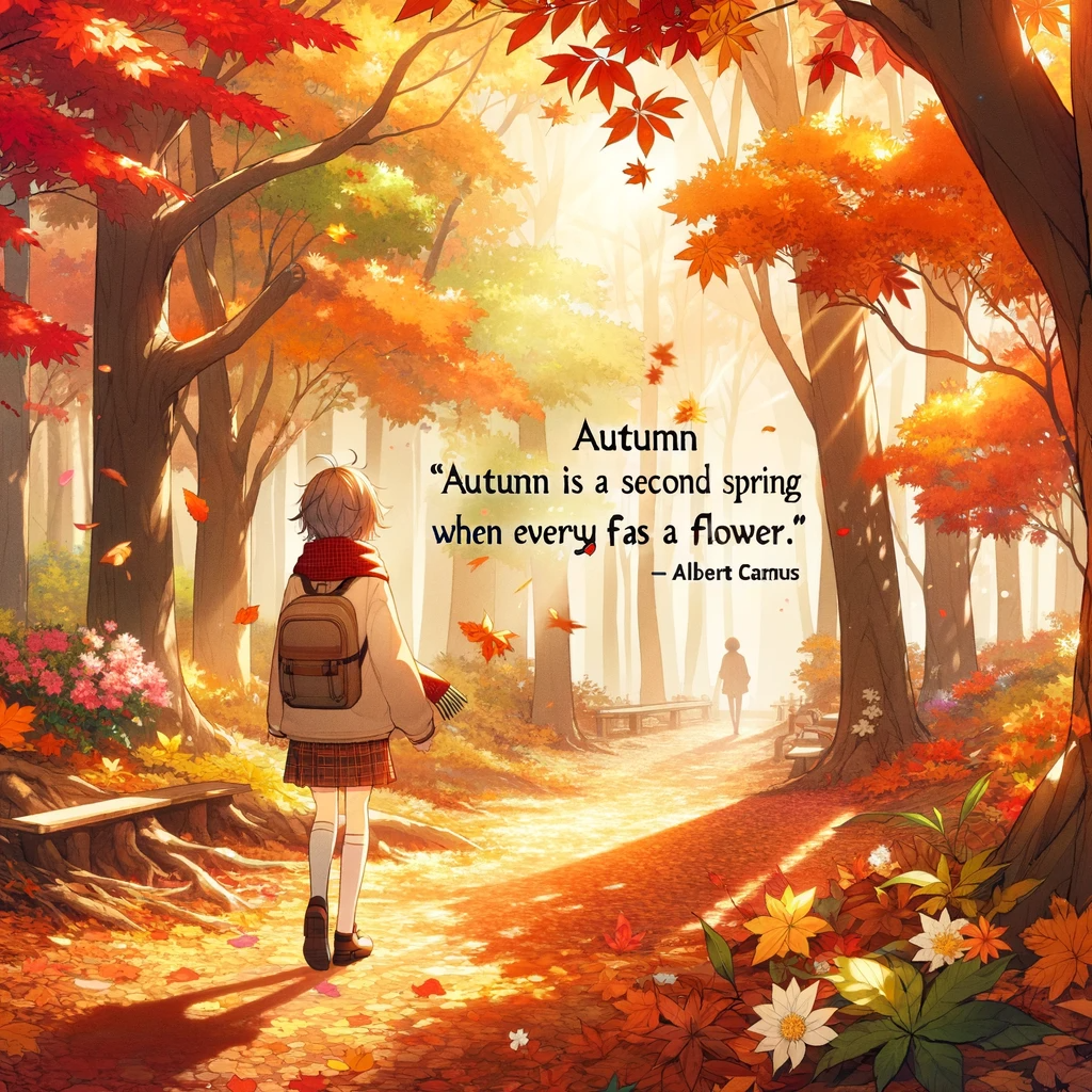 Anime character walking down a forest path surrounded by the warm hues of autumn leaves, capturing the essence of fall's beauty as described by the quote.