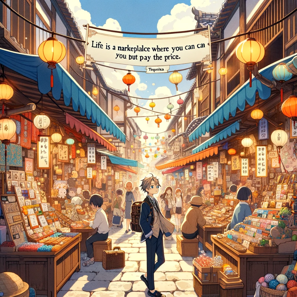 An anime character strolls through a bustling marketplace lined with colorful lanterns, symbolizing life's choices and their consequences.
