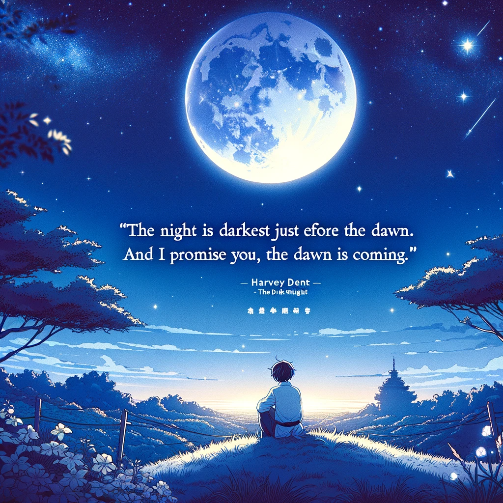 A serene anime scene showing a character sitting on a grassy hill under a starry sky with a bright full moon, accompanied by a quote on hope and perseverance.