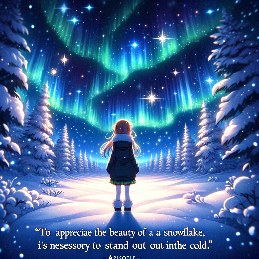 Anime character marveling at the aurora borealis in a snowy forest, symbolizing the awe in nature’s wonders and the value of braving the cold for a beautiful experience.