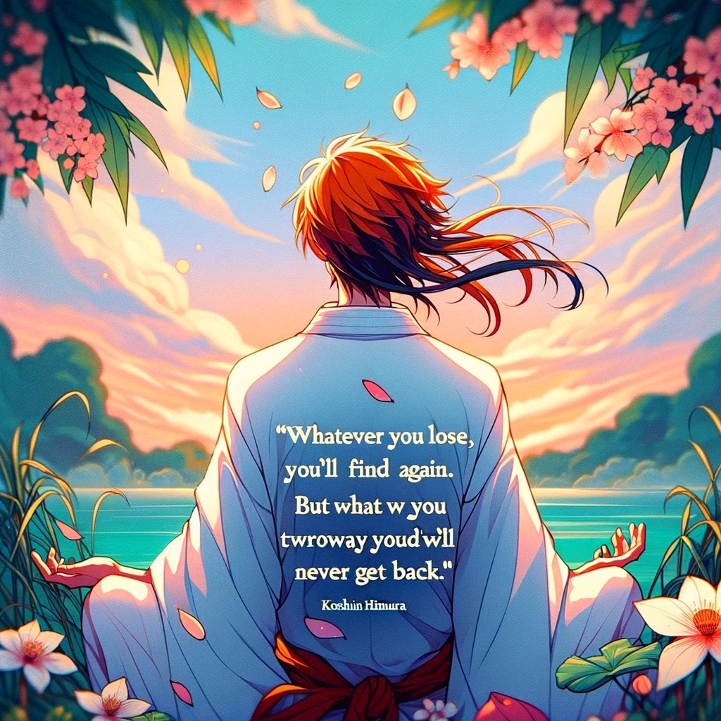 Anime character with flowing red hair, gazing into a serene sunset, symbolizing reflection and the transient nature of life.