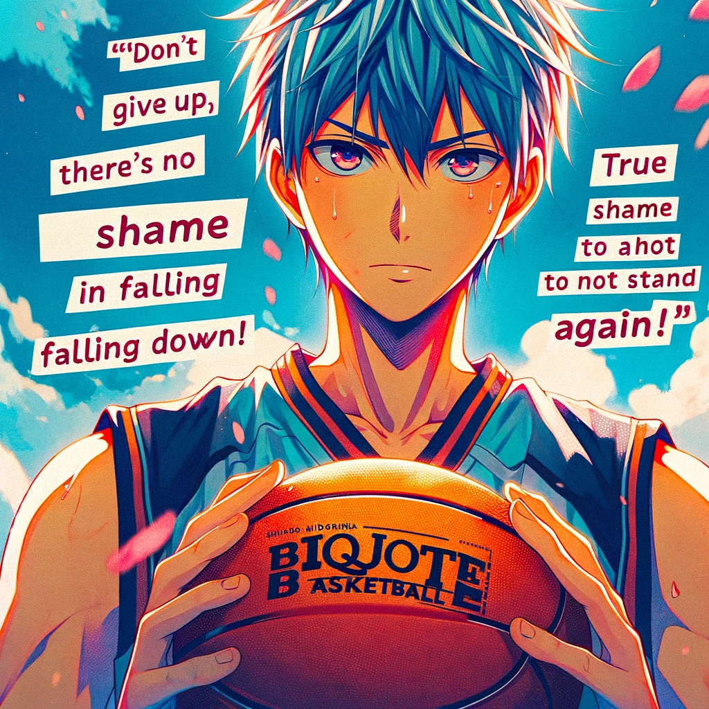Determined anime basketball player holding a ball, tears of effort on his face, representing the perseverance and determination in sports and life.