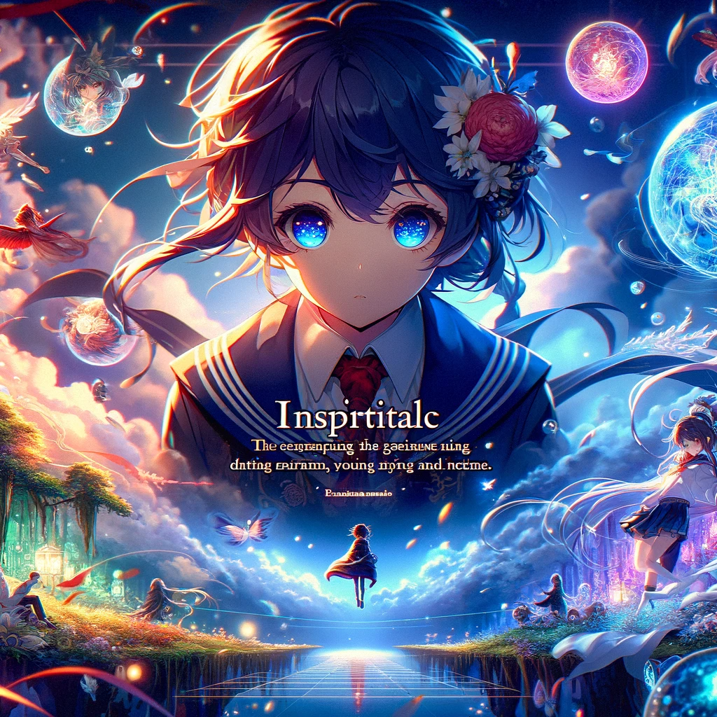 Colorful anime-inspired scene with a thoughtful character and fantastical elements. Floating islands, luminous orbs, and ethereal creatures surround the character. An inspirational anime quote is displayed in the foreground in a stylish font.