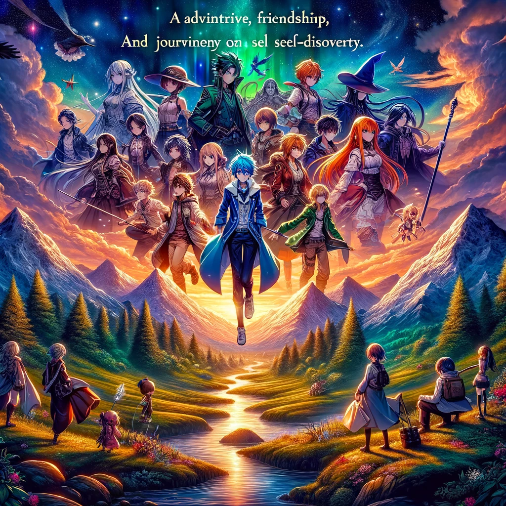 Anime scene with a group of characters in a fantastical landscape, showcasing vibrant colors and expressions of determination. The background features majestic mountains, a shimmering river, and lush greenery. A motivational anime quote is artistically inscribed in the sky, reflecting themes of adventure, friendship, and self-discovery.