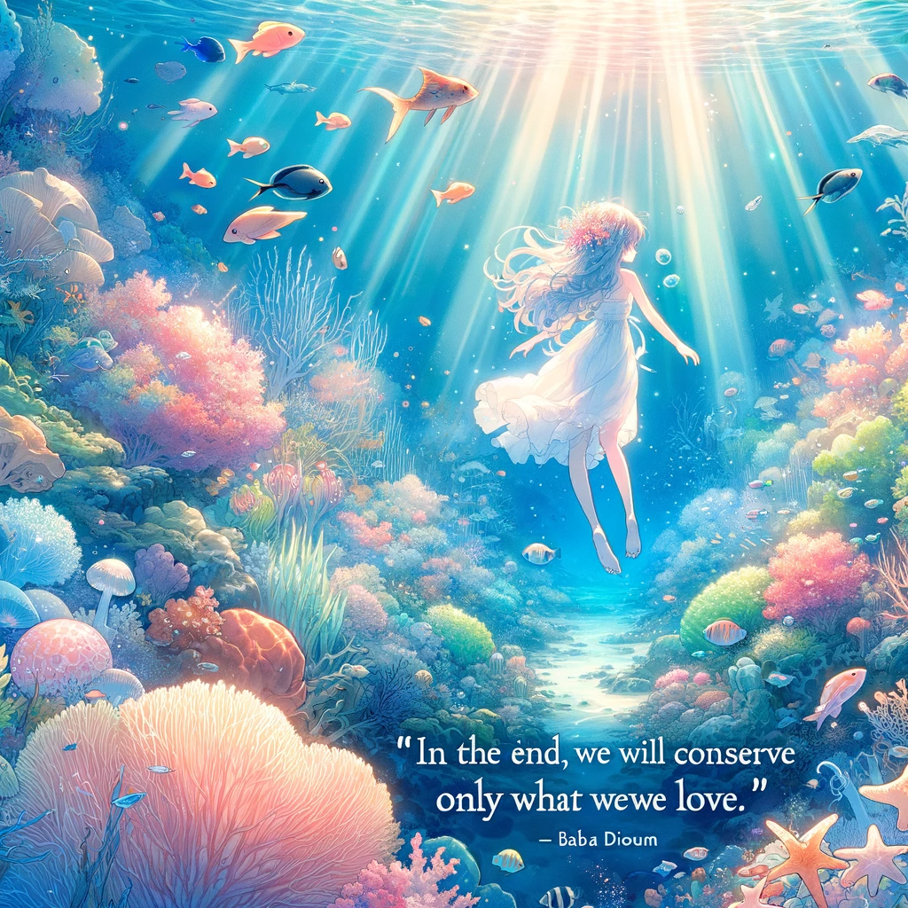 An anime-inspired illustration of a girl floating gracefully underwater, surrounded by a myriad of sea life, corals, and the dappled sunlight piercing through the water's surface.
