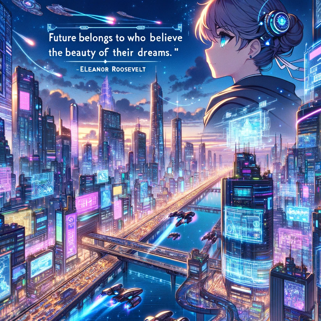 A futuristic anime cityscape at dusk with a character gazing towards the horizon, symbolizing a quote about the power of believing in one's dreams.